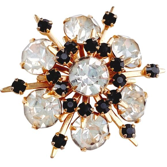 VTG Mid Century Starburst Brooch Gold Tone Jet Rhinestone Atomic Pin 1950s 1960s - Picture 1 of 10
